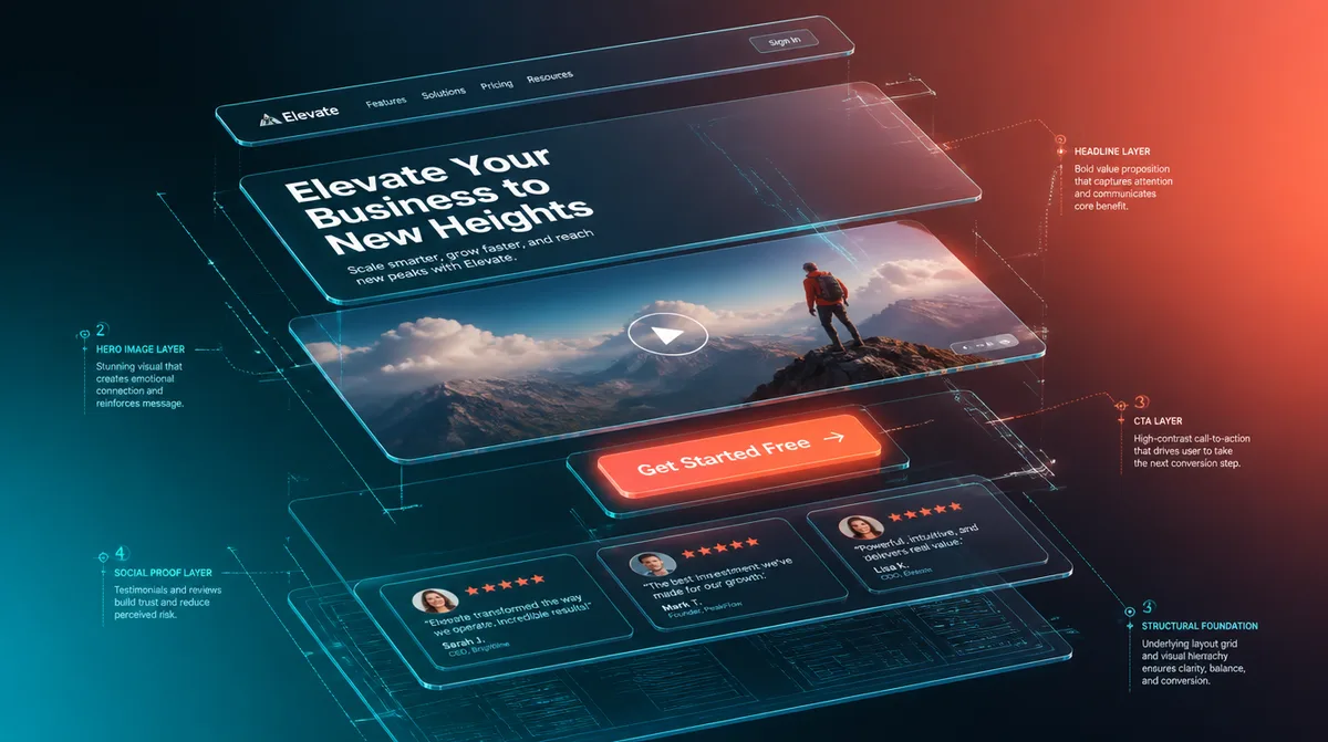 Landing page deconstruída em painéis flutuantes conectados por linhas de blueprint, como a planta de uma página de conversão